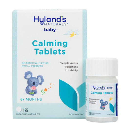 Hyland's Calming Baby Tablets in a bottle, natural health remedy for infants, 125 tablets for soothing and calming support.