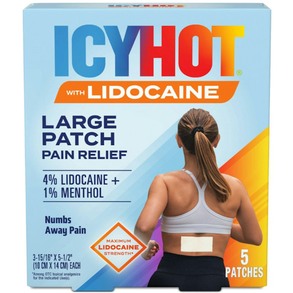 Icy Hot Max pain relief patches with lidocaine 4% and menthol 1%, displayed in a 5-count pack for targeted muscle pain relief.