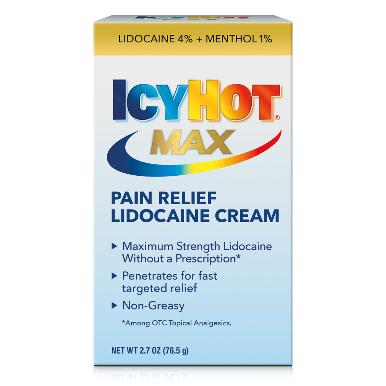 Icy Hot Max Strength Pain Relief Lidocaine Cream from Pasteur Pharmacy, showing the tube of topical pain relief cream.