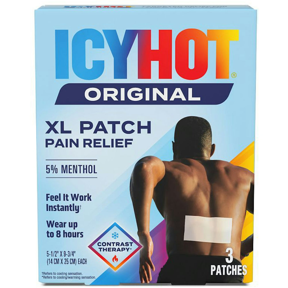 Icy Hot Medicated Patch by Pasteur Pharmacy, extra strength XL back and large area patches, three patches for pain relief.