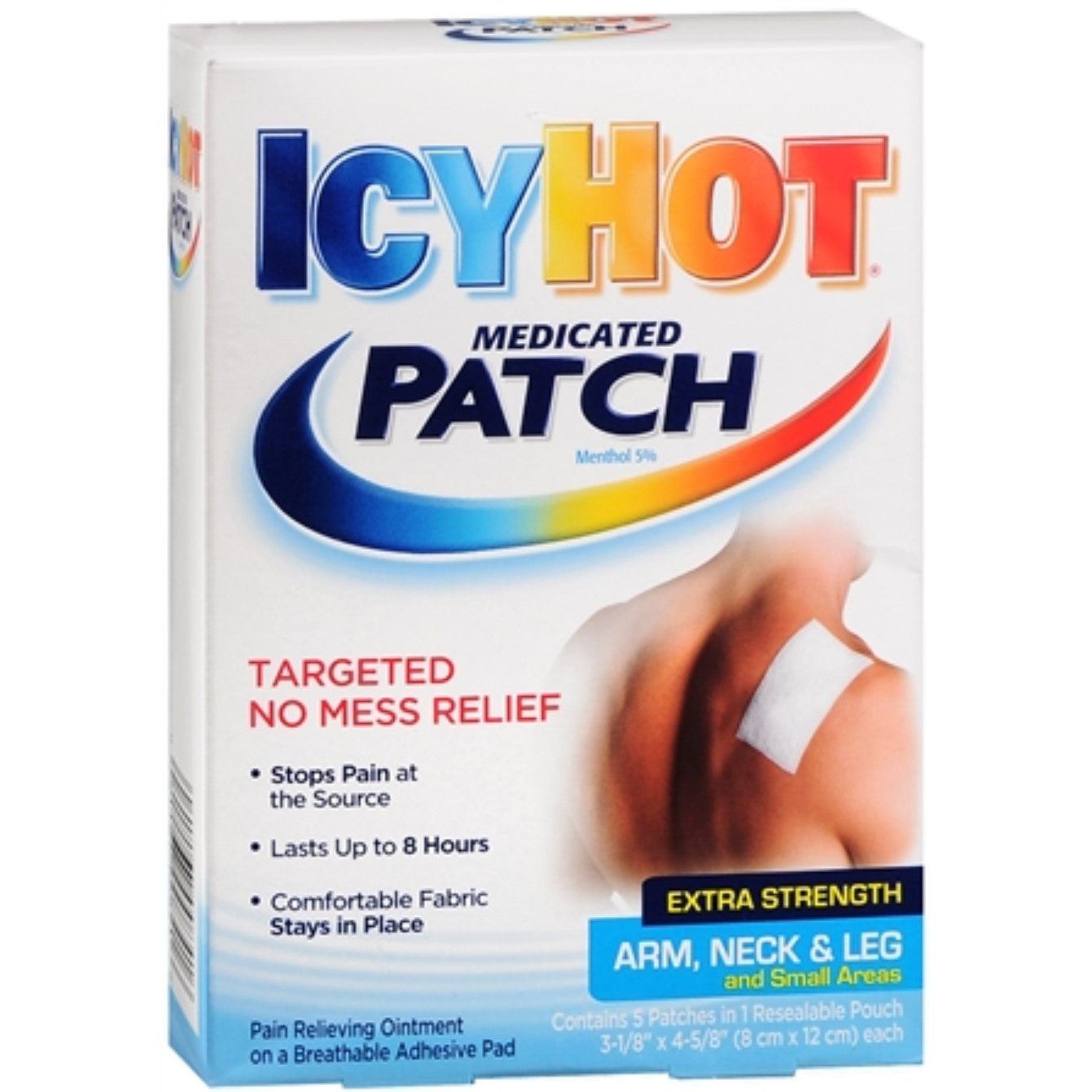Icy Hot Original pain relief patches on arm, neck, and leg, 5-count pack, for targeted muscle and joint relief.