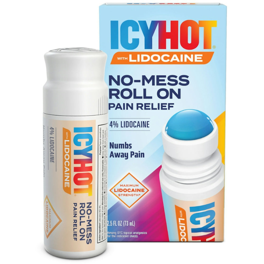 Icy Hot Pain Relief roll-on from Pasteur Pharmacy, no mess, maximum strength lidocaine, 2.5 fl oz for muscle pain relief.