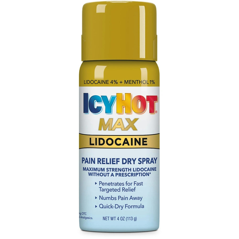 Icy Hot Pain Relief Spray by Pasteur Pharmacy, dry formula with lidocaine and menthol for maximum strength muscle pain relief.