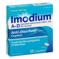Imodium A-D caplets in a 12-count package, used for relief of diarrhea, shown in a health and beauty product image.