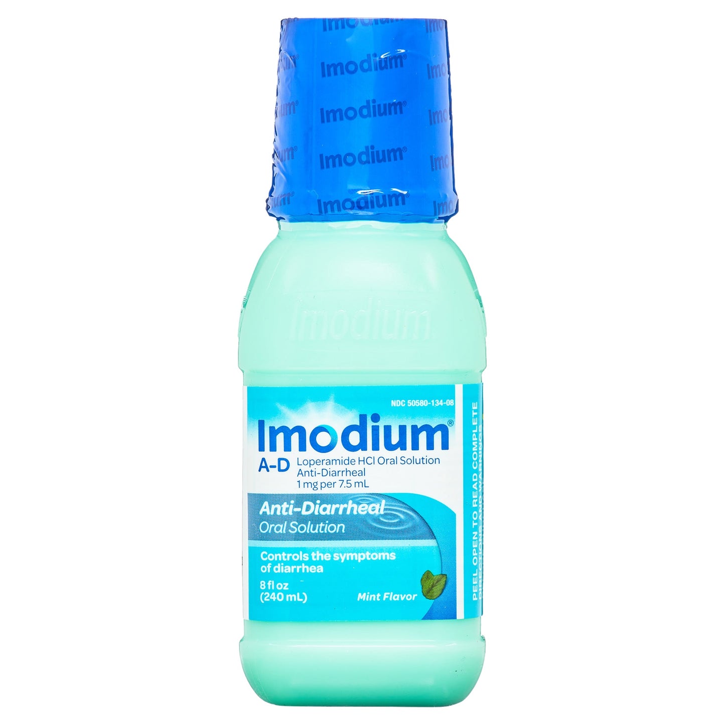 Imodium A-D Liquid Oral Anti-Diarrheal Medicine in mint flavor, 8 fl oz, by Pasteur Pharmacy, showing the bottle and label.