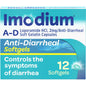 Imodium Anti-Diarrheal Softgels in a 12-count package, used for quick relief from diarrhea, shown in a health and beauty setting.
