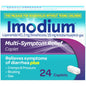 Imodium Multi-Symptom Relief Caplets in a 24-count bottle, used for digestive health and symptom relief.