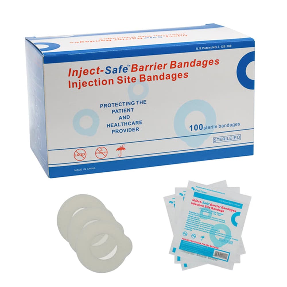 Sterile Inject-Safe White Film Foam Adhesive Barrier Strip with 1-3/8 inch diameter bandage by Pasteur Pharmacy for wound protection.