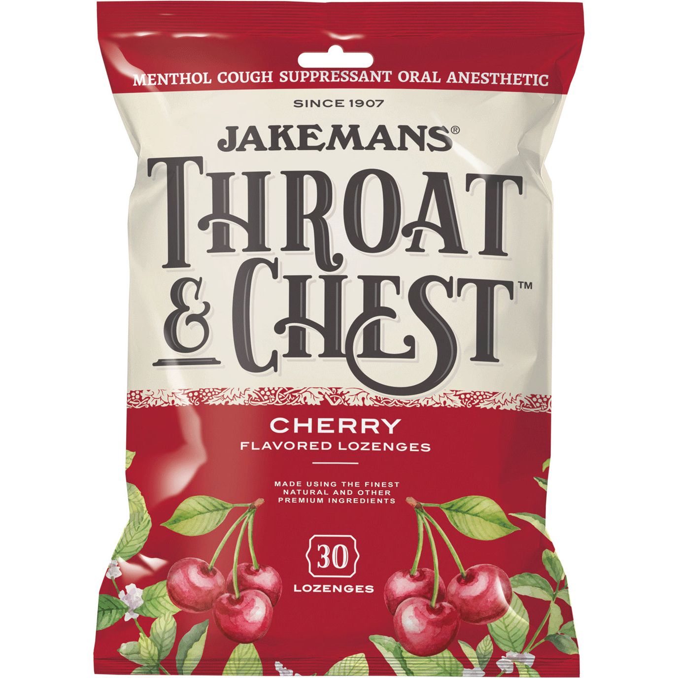 Jakemans Cherry Menthol Throat & Chest Lozenges in a 30-piece package, with cherry and menthol flavor, from Pasteur Pharmacy.