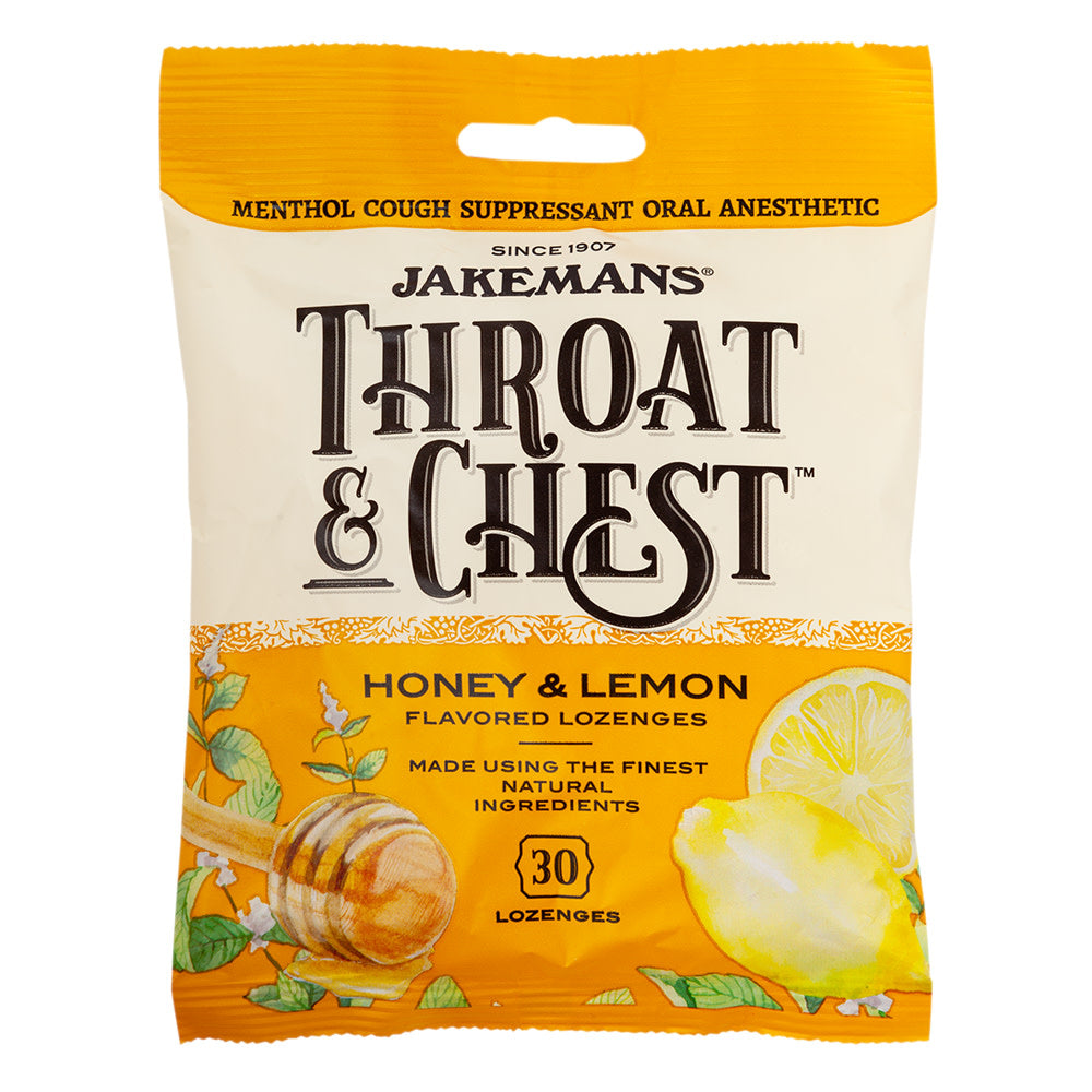 Jakemans Throat & Chest Lozenges in honey and lemon flavor, 30 lozenges, displayed in a package on a health and beauty product background.