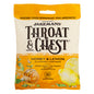 Jakemans Throat & Chest Lozenges in honey and lemon flavor, 30 lozenges, displayed in a package on a health and beauty product background.