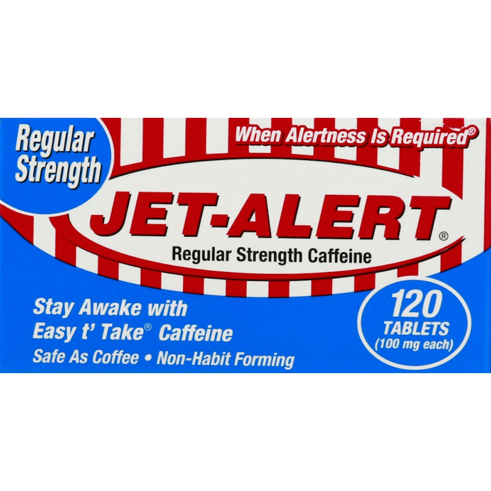 Jet Alert 100 MG caffeine tablets by Pasteur Pharmacy, regular strength, 120 count, for alertness and energy boost.