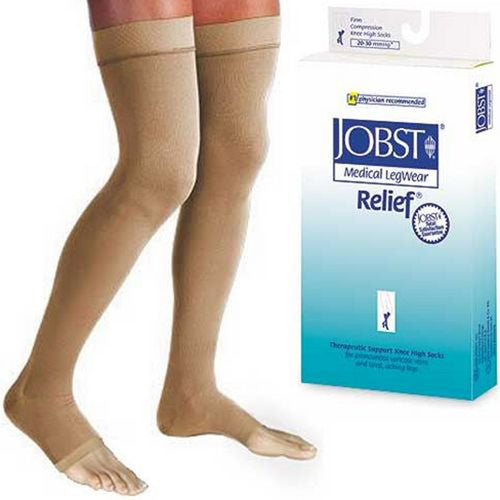 Jobst Relief beige thigh high compression stockings with open toe and silicone band, 20-30 mmHg for improved circulation.