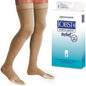 Jobst Relief beige thigh high compression stockings with open toe and silicone band, 20-30 mmHg for improved circulation.