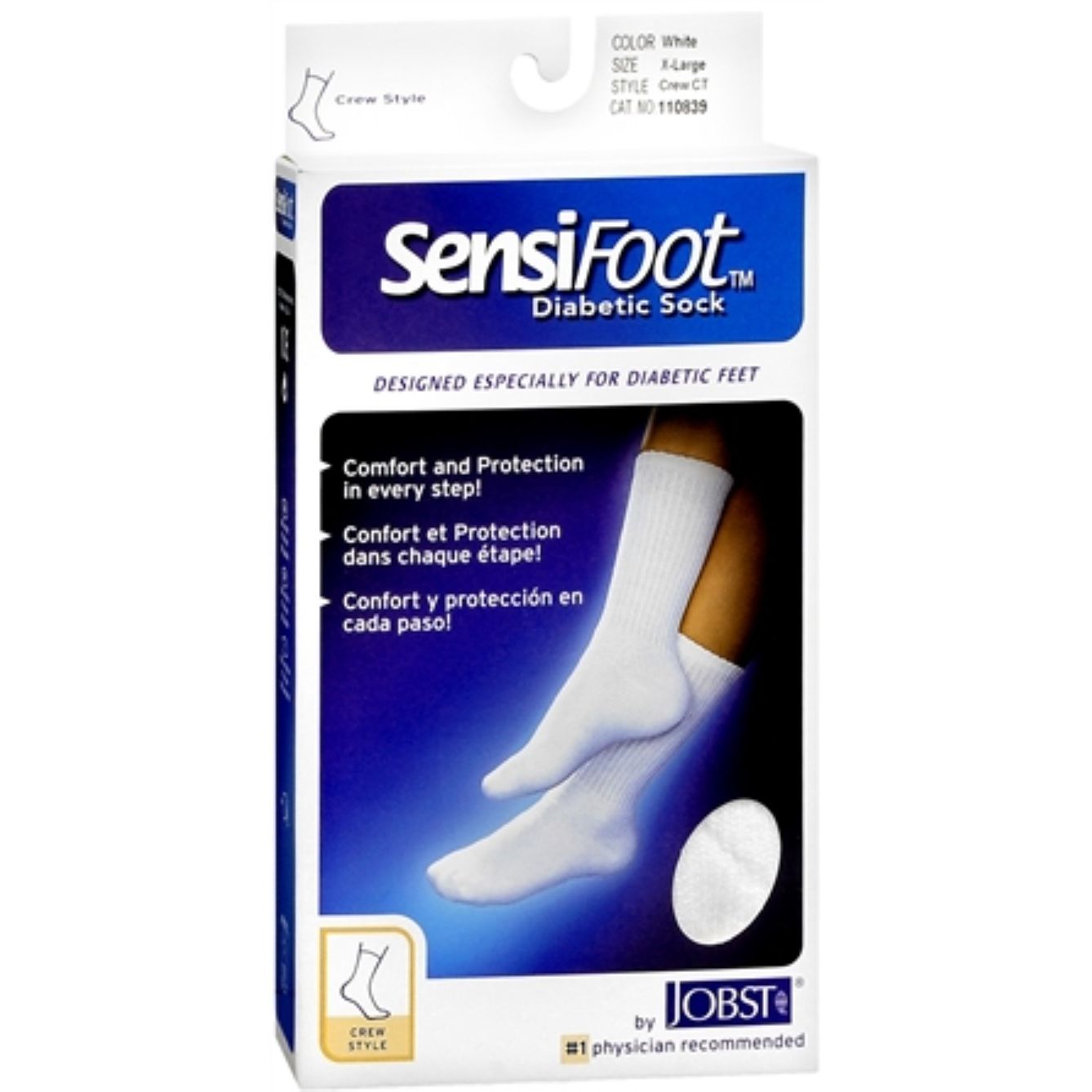 White Jobst Sensifoot 8-15 diabetic crew socks, extra-large size, designed for health and comfort, suitable for diabetic foot care.