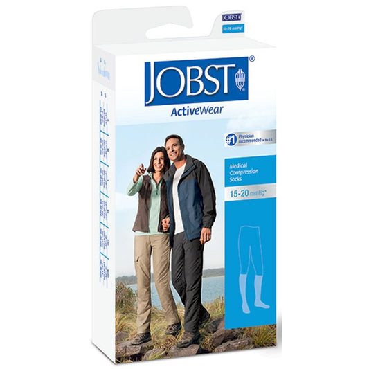 Unisex black Jobst ActiveWear knee-high compression socks with 15-20 mmHg pressure, designed for health and athletic support.