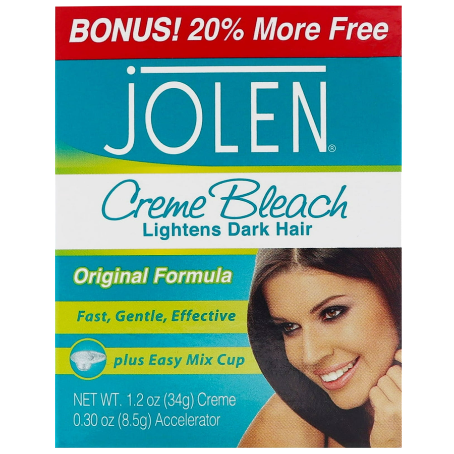 Jolen Creme Bleach Dark Hair Lightener Cream jar, 1.2 oz, in its original packaging for hair bleaching and lightening.