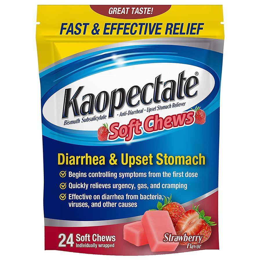 Kaopectate Diarrhea & Upset Stomach Soft Chews in strawberry flavor, displayed in a clear blister pack, for digestive relief.