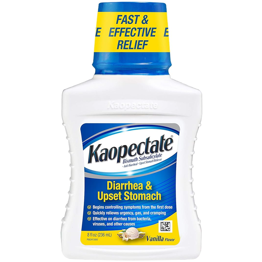 Kaopectate vanilla flavor diarrhea and upset stomach medicine in an 8 fl oz bottle, displayed with label and cap visible.