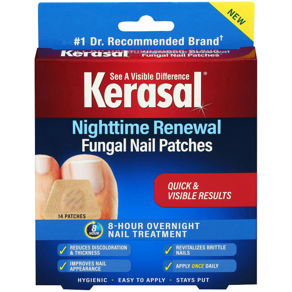 Kerasal Nighttime Renewal Fungal Nail Patches on a person's toenail, part of health and beauty treatment for fungal nails.