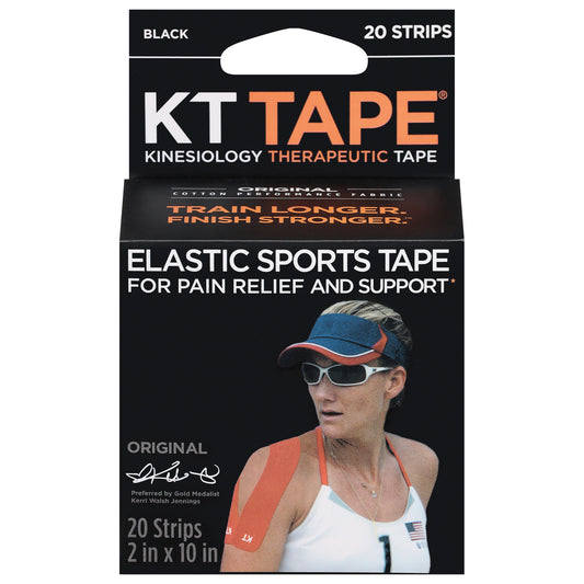 Black KT Tape Original Cotton kinesiology tape for therapeutic support, shown on a model's shoulder and arm.