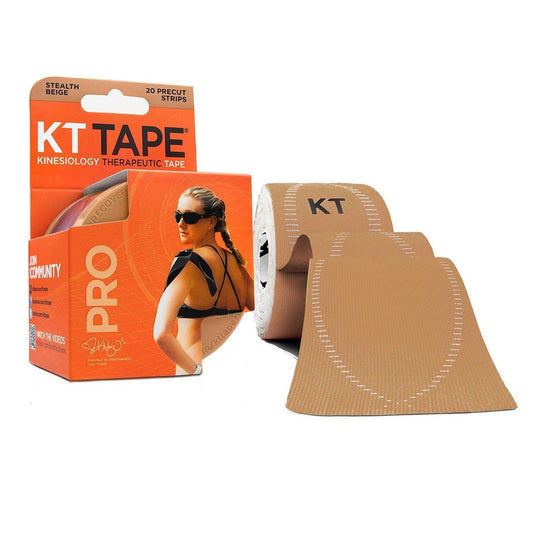 KT Tape Pro Stealth Beige therapeutic tape used for muscle support, shown in a 20-count pack, in a health and beauty setting