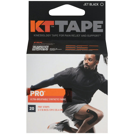KT Tape Pro synthetic kinesiology tape in Jet Black, 10 precut strips for sports injury support, by Pasteur Pharmacy.