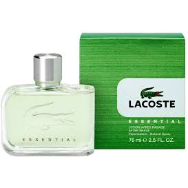 Lacoste Essential by Eau de Toilette Spray for Men, 2.5 oz, featuring a sleek bottle and Lacoste branding in a health and beauty setting.