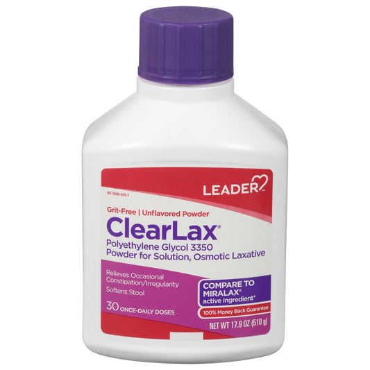 Unflavored Leader Clearlax powder in a container, used for gentle bowel relief, from Pasteur Pharmacy in health and beauty category.