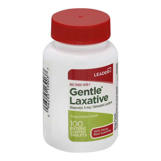 Leader Gentle Laxative 5mg enteric-coated tablets, displayed in blister pack, for gentle digestive relief from Pasteur Pharmacy.