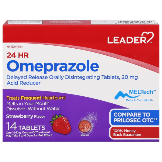 Leader Omeprazole 20 mg tablets in strawberry flavor, displayed in blister pack, used for acid reflux relief.