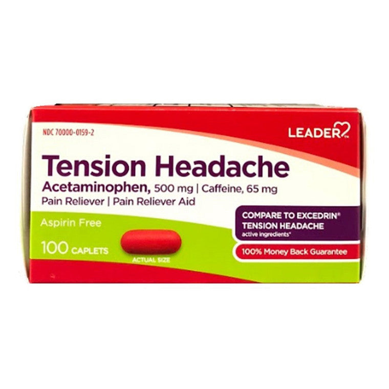 Leader Tension Headache Acetaminophen 500 mg caplets in blister pack, used for pain relief, from Pasteur Pharmacy.