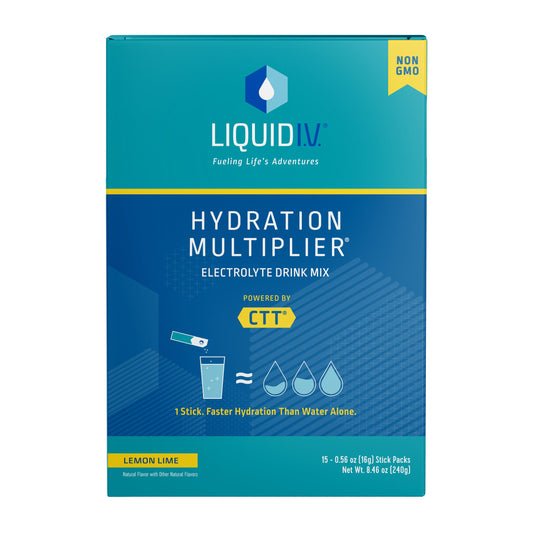 Liquid I.V. Hydration Multiplier electrolyte drink mix in lemon lime flavor, featuring a powder packet with lemon and lime images.