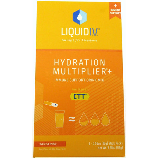 Liquid I.V. Hydration Multiplier immune support drink mix in tangerine flavor, with orange powder and hydration packets.