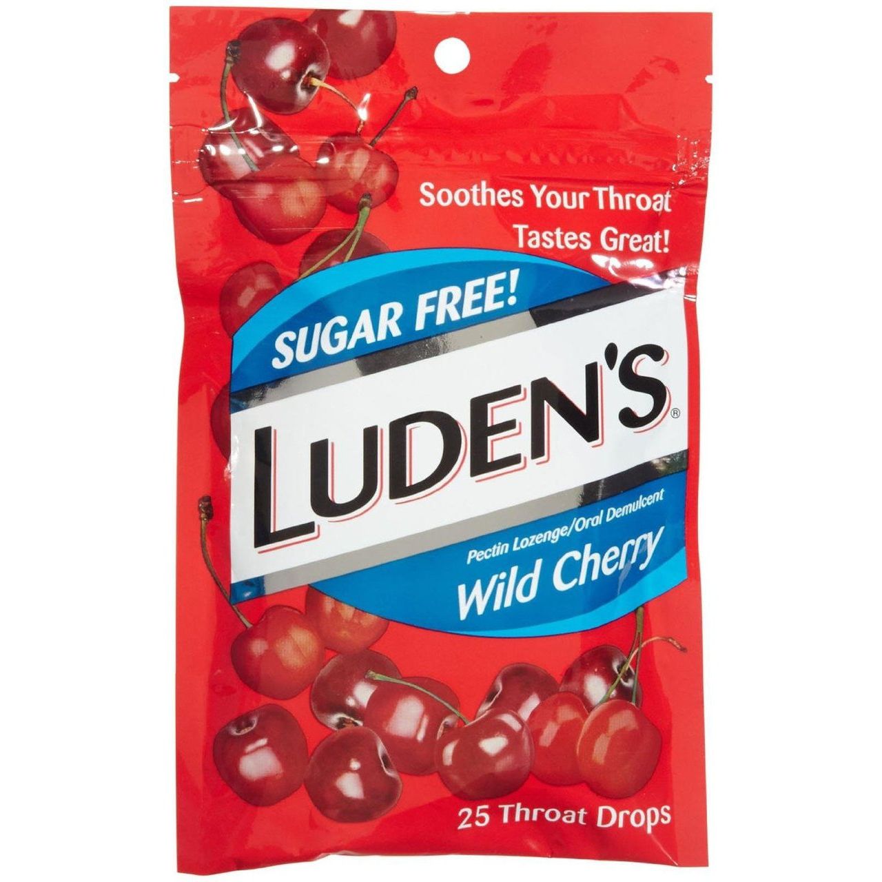 Luden's Sugar Free Wild Cherry Throat Drops in a clear package with cherry flavor branding, designed for soothing throat relief.