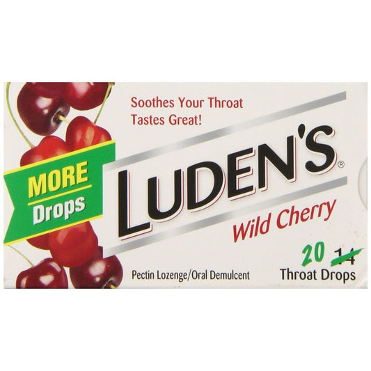 Luden's Throat Drops in Wild Cherry flavor, 20-count, displayed in a clear package with cherry flavor branding.
