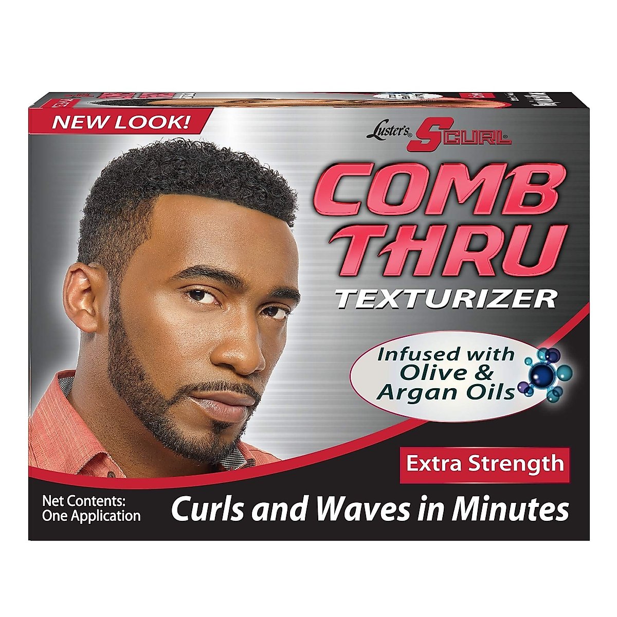 Luster's Curl Texturizer Extra Strength by Pasteur Pharmacy shown with the comb-thru application tool and product packaging.
