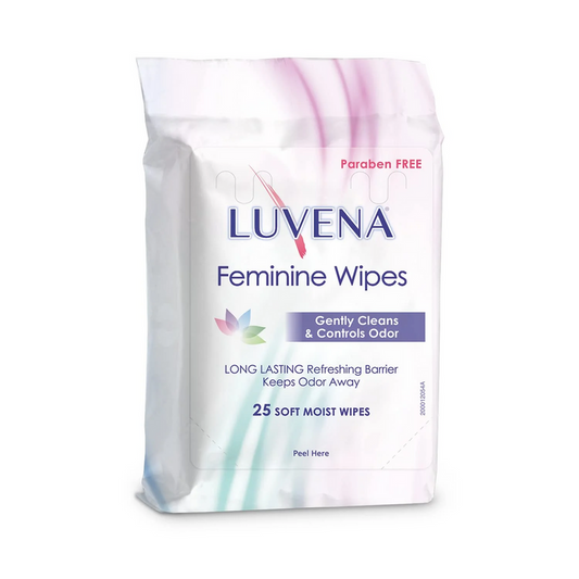 Luvena Therapeutic Feminine Wipes in a 25-count pack, gentle health and beauty wipes for feminine hygiene, by Pasteur Pharmacy