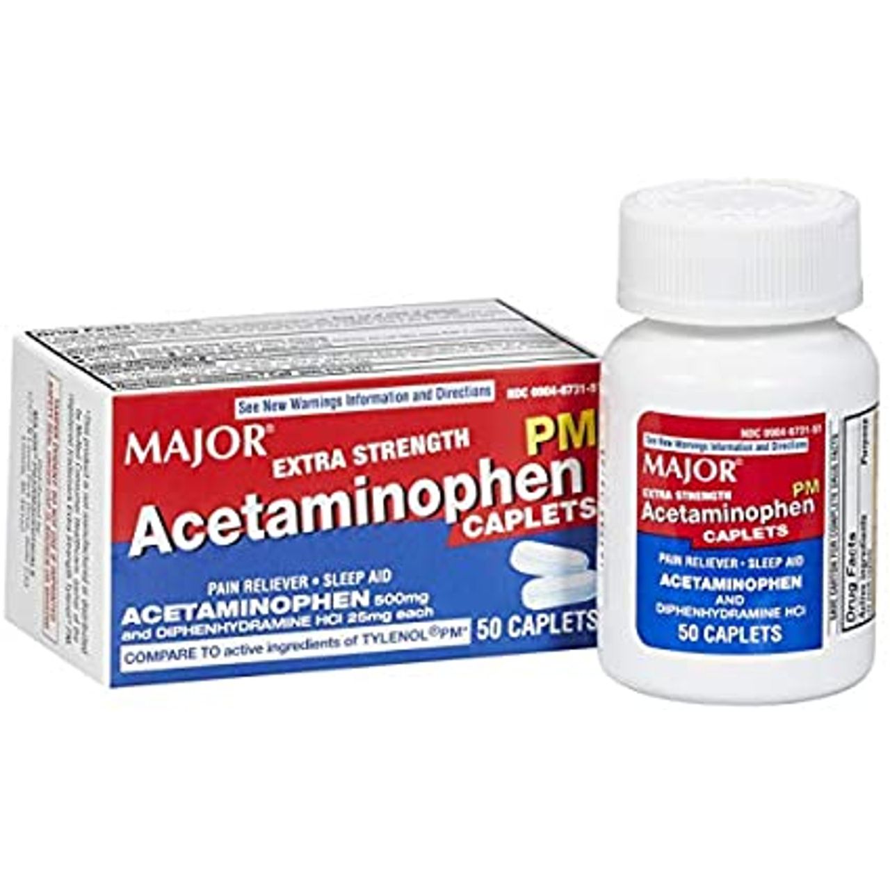 Box of Major Acetaminophen PM 500mg pain relief tablets by Pasteur Pharmacy, 50 count for nighttime pain relief and sleep aid