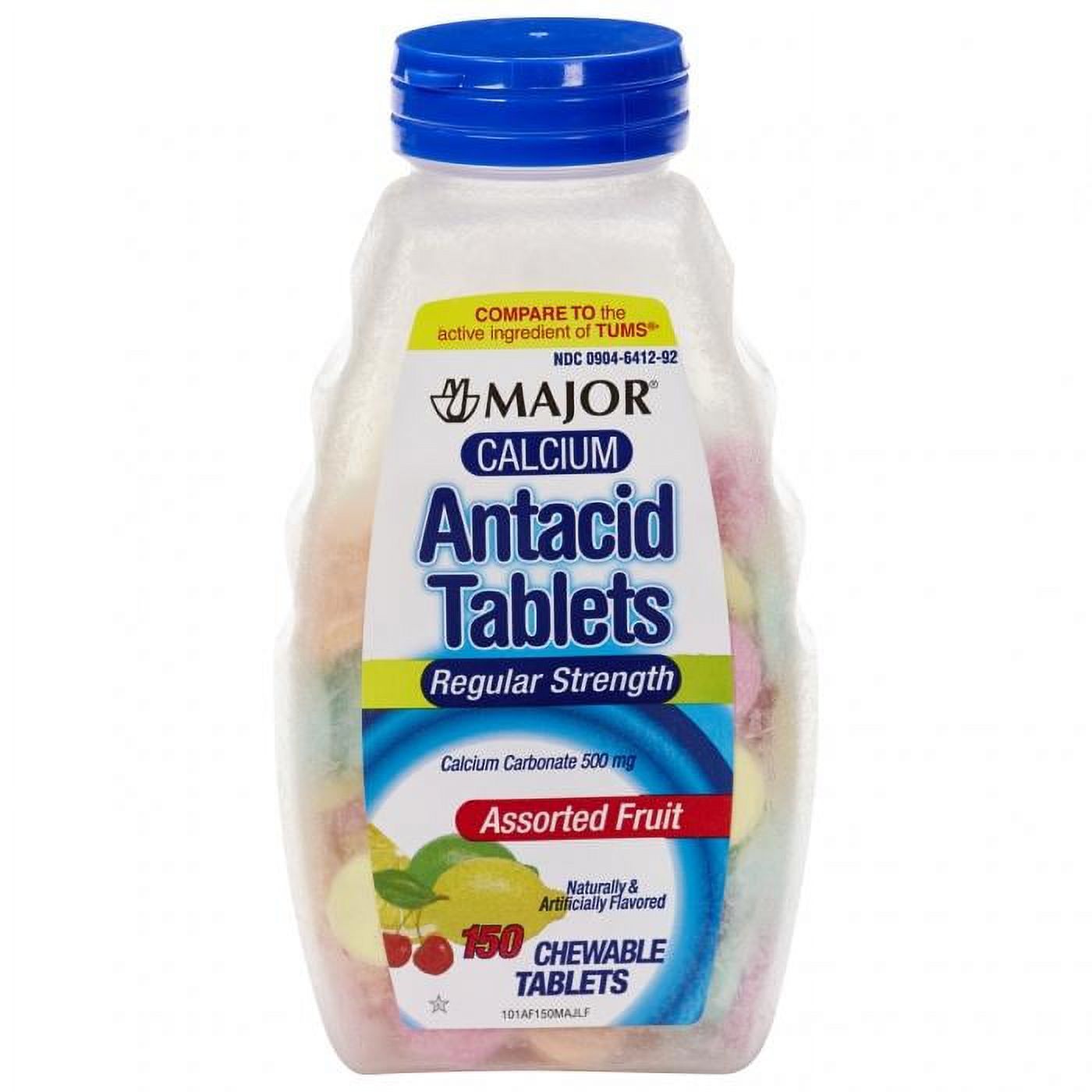 Major Calcium Antacid Tablets Regular Strength 500mg by Pasteur Pharmacy, showing a bottle of calcium antacid tablets.