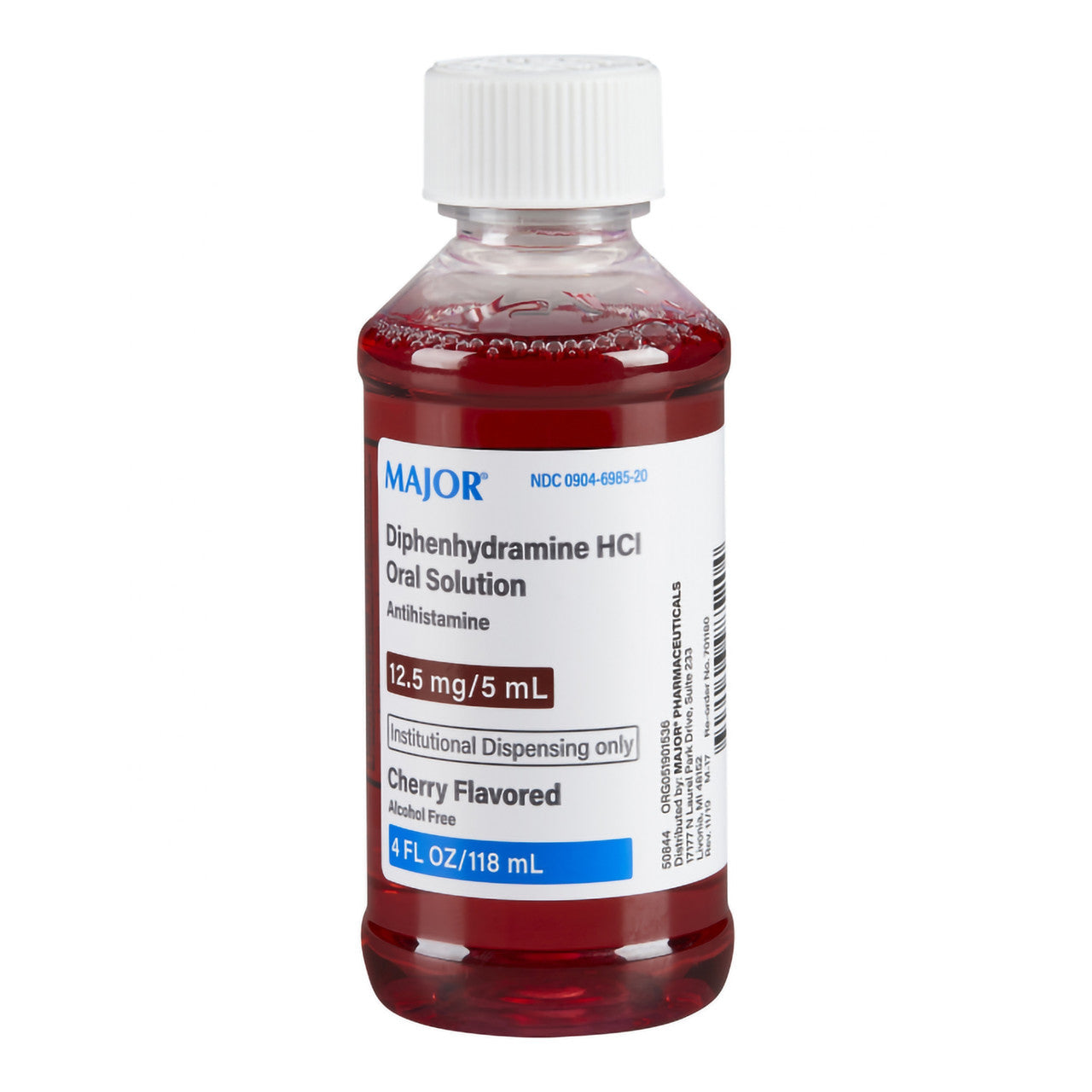 Cherry-flavored Major Diphenhydramine HCI 12.5mg/5mL oral solution in a 4 oz bottle, used for allergy relief.