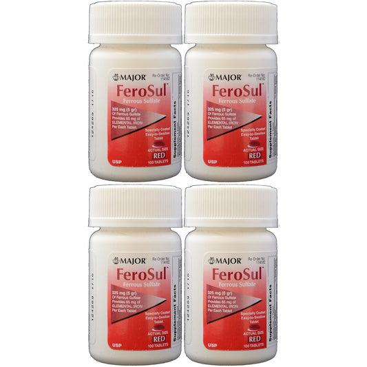 Major FeroSul Ferrous Sulfate 325mg tablets from Pasteur Pharmacy, 100-count for iron supplement and blood health support.