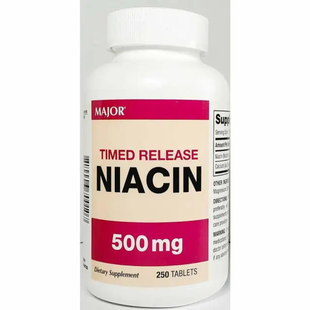 Bottle of Pasteur Pharmacy Major Niacin Timed Release 500 mg tablets, 250 count, with expiration date of 12-2025.