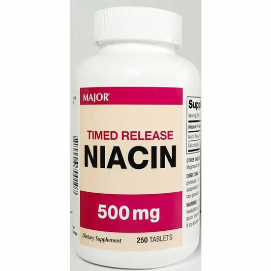 Bottle of Pasteur Pharmacy Major Niacin Timed Release 500 mg tablets, 250 count, with expiration date of 12-2025.