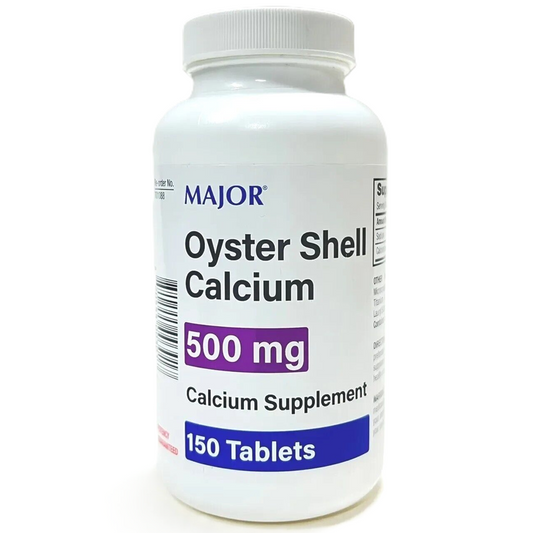 Bottle of Major Oyster Shell Calcium 500mg supplement from Pasteur Pharmacy, showing the label with 150 capsules inside.