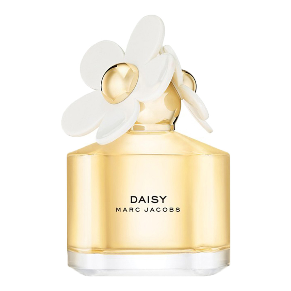 Marc Jacobs Daisy Eau de Toilette spray, 3.3 fl oz, in a clear glass bottle with a yellow daisy cap, for women.