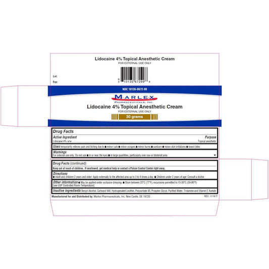 Marlex Pharmaceuticals Lidocaine 4% topical anesthetic cream for pain and itch relief, 30g tube.