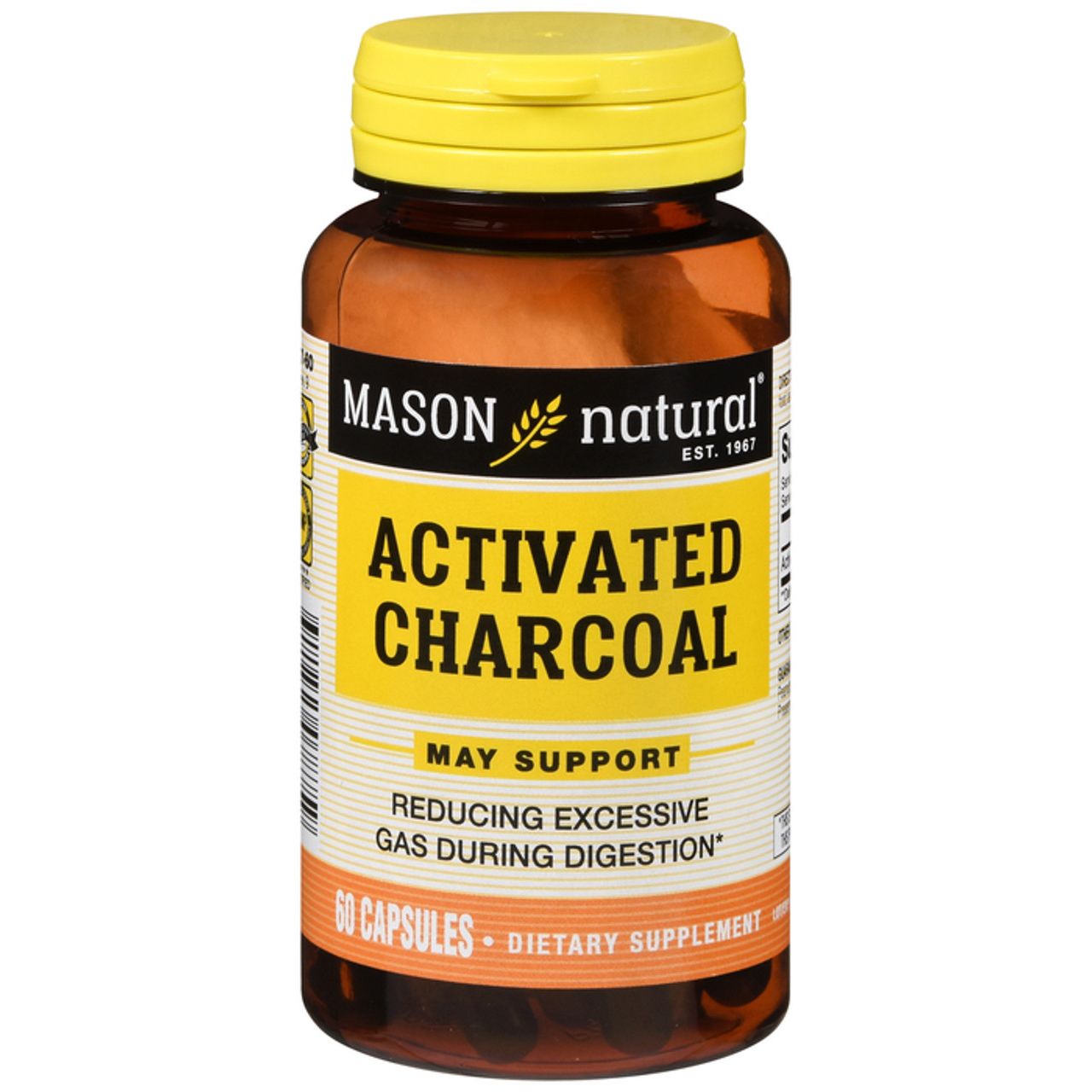 Mason Natural Activated Vegetable Charcoal 260 mg digestive aid capsules, 60-count, for digestive support and toxin relief.