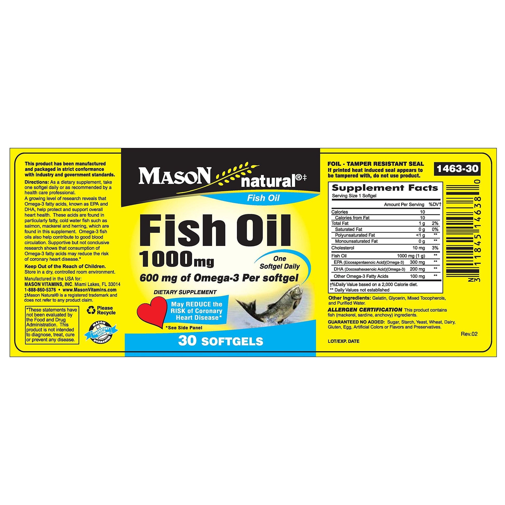 Mason Natural Fish Oil Super Omega-3 1000mg softgels for health and wellness, featuring natural fish oil capsules.