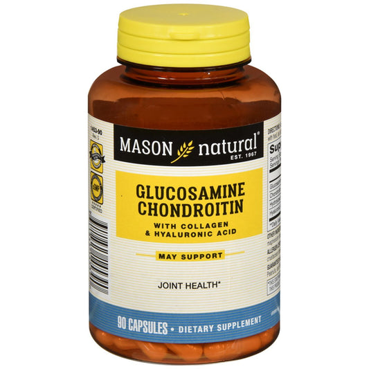Mason Natural Glucosamine Chondroitin Advanced capsules for joint health, displayed in a bottle with supplement capsules.